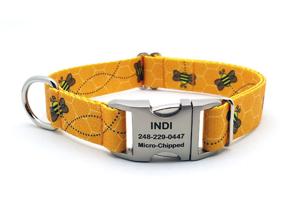 Busy Bees Polyester Webbing Dog Collar with Laser Engraved Personalized Buckle - Flying Dog Collars