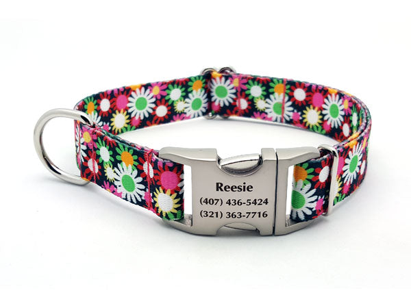 Daisy Field Polyester Webbing Dog Collar with Laser Engraved Personalized Buckle - Flying Dog Collars