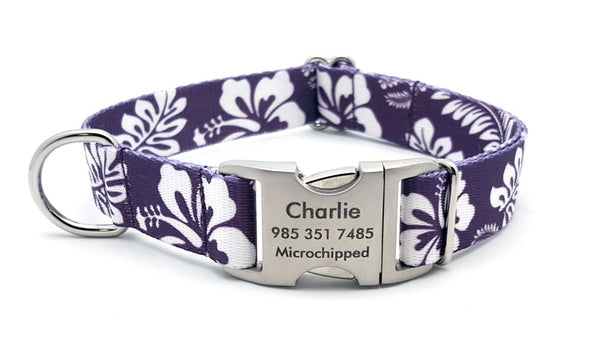 The Hawaiian Polyester Webbing Dog Collar with Laser Engraved Personalized Buckle - PURPLE - Flying Dog Collars