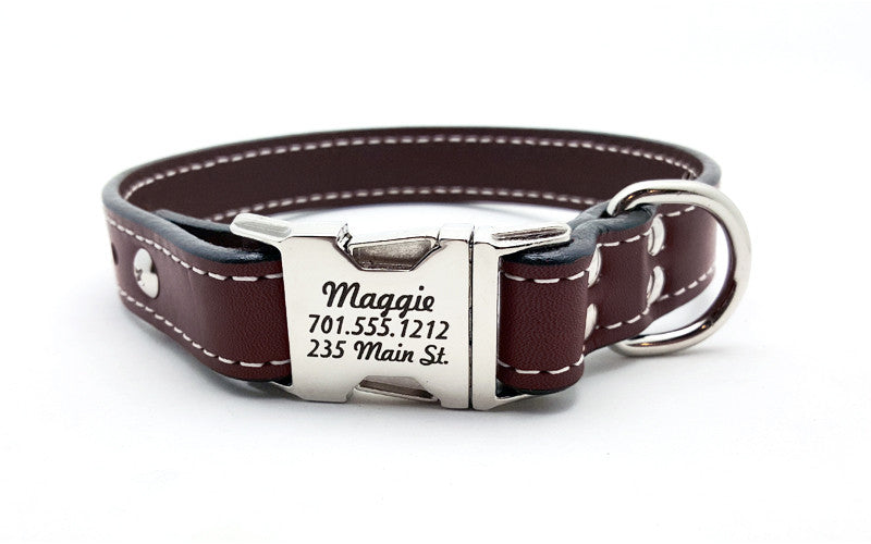 Side Release Buckle Leather Collar with Personalized Buckle - Flying Dog Collars
