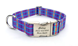 Spring Plaid Polyester Webbing Dog Collar with Laser Engraved Personalized Buckle - PURPLE - Flying Dog Collars