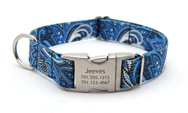 Blue Paisley Polyester Webbing Dog Collar with Laser Engraved Personalized Buckle - Flying Dog Collars