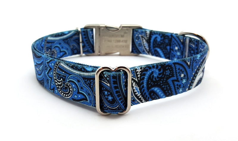 Blue Paisley Polyester Webbing Dog Collar with Laser Engraved Personalized Buckle - Flying Dog Collars