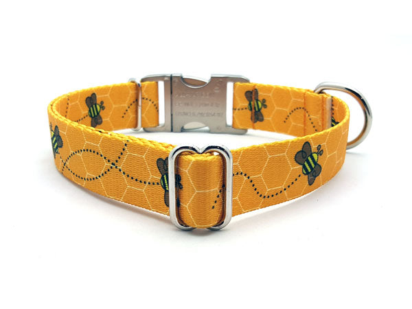 Busy Bees Polyester Webbing Dog Collar with Laser Engraved Personalized Buckle - Flying Dog Collars