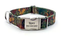 Forest Camo Polyester Webbing Dog Collar with Laser Engraved Personalized Buckle - Flying Dog Collars