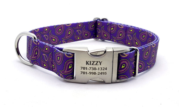 Purple Paisley Polyester Webbing Dog Collar with Laser Engraved Personalized Buckle - Flying Dog Collars
