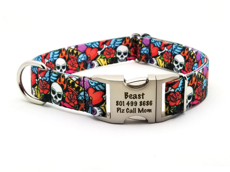 Rock n Roll Tattoo Polyester Webbing Dog Collar with Laser Engraved Personalized Buckle - Flying Dog Collars