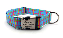 Spring Plaid Polyester Webbing Dog Collar with Laser Engraved Personalized Buckle - BLUE - Flying Dog Collars