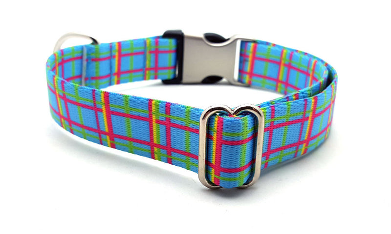 Spring Plaid Polyester Webbing Dog Collar with Laser Engraved Personalized Buckle - BLUE - Flying Dog Collars