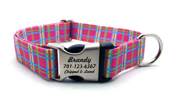 Spring Plaid Polyester Webbing Dog Collar with Laser Engraved Personalized Buckle - PINK - Flying Dog Collars