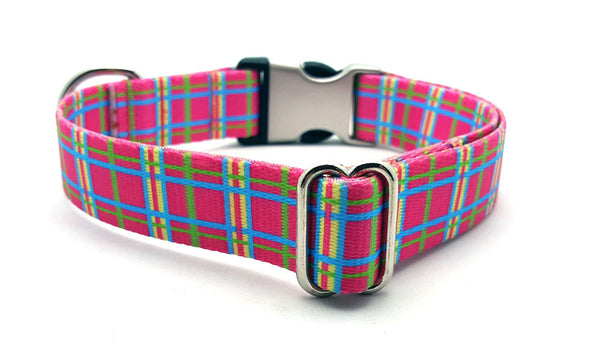 Spring Plaid Polyester Webbing Dog Collar with Laser Engraved Personalized Buckle - PINK - Flying Dog Collars