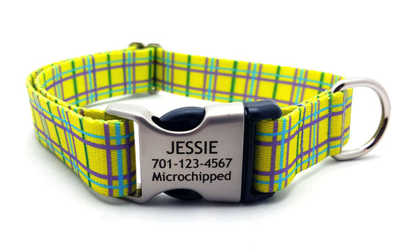 Spring Plaid Polyester Webbing Dog Collar with Laser Engraved Personalized Buckle - YELLOW - Flying Dog Collars