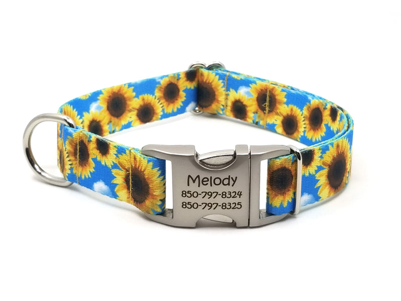 Sunflowers Polyester Webbing Dog Collar with Laser Engraved Personalized Buckle - Flying Dog Collars