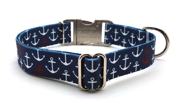 Anchors Away Webbing Dog Collar with Laser Engraved Personalized Buckle - Flying Dog Collars