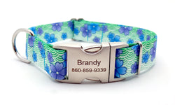 April Blossoms Polyester Webbing Dog Collar with Laser Engraved Personalized Buckle - BLUE - Flying Dog Collars