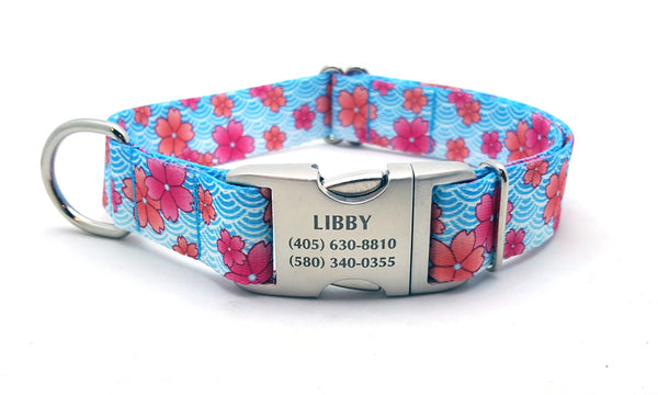 April Blossoms Polyester Webbing Dog Collar with Laser Engraved Personalized Buckle - PINK - Flying Dog Collars