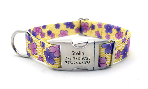 April Blossoms Polyester Webbing Dog Collar with Laser Engraved Personalized Buckle - PURPLE - Flying Dog Collars