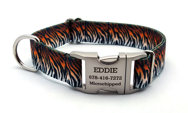 Bengal Tiger Webbing Dog Collar with Laser Engraved Personalized Buckle - Flying Dog Collars