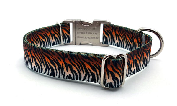 Bengal Tiger Webbing Dog Collar with Laser Engraved Personalized Buckle - Flying Dog Collars