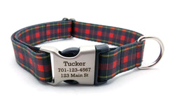 Black & Red Plaid Polyester Webbing Dog Collar with Laser Engraved Personalized Buckle - Flying Dog Collars