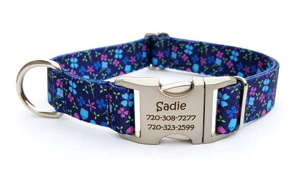 Blueberry Fields Polyester Webbing Dog Collar with Laser Engraved Personalized Buckle - Flying Dog Collars