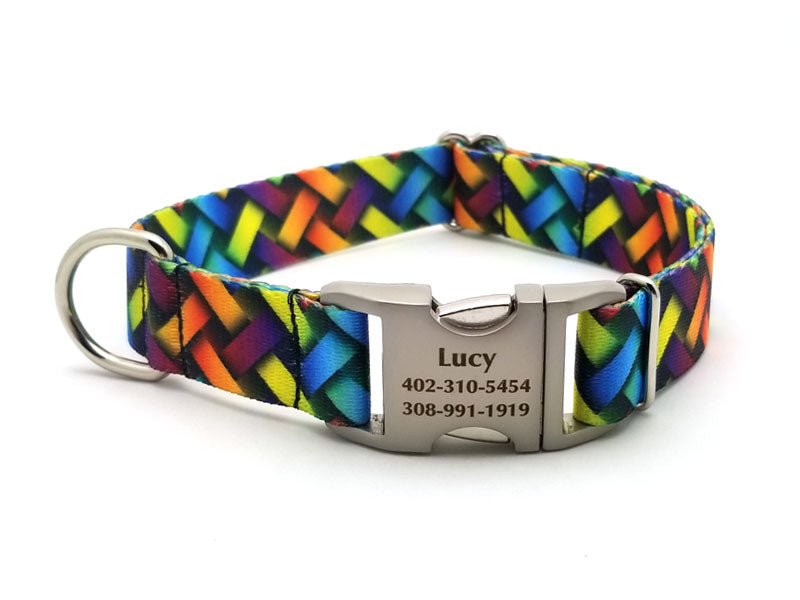 Colorful Lattice Polyester Webbing Dog Collar with Laser Engraved Personalized Buckle - Flying Dog Collars