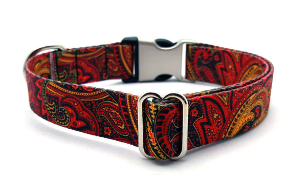 Fire Paisley Polyester Webbing Dog Collar with Laser Engraved Personalized Buckle - Flying Dog Collars