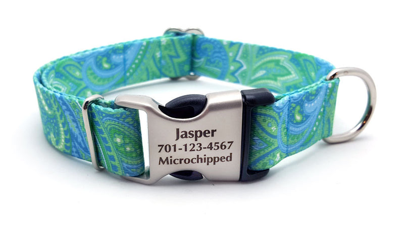 Green & Blue Paisley Polyester Webbing Dog Collar with Laser Engraved Personalized Buckle - Flying Dog Collars