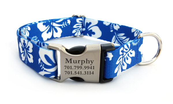 The Hawaiian Polyester Webbing Dog Collar with Laser Engraved Personalized Buckle - ROYAL BLUE - Flying Dog Collars