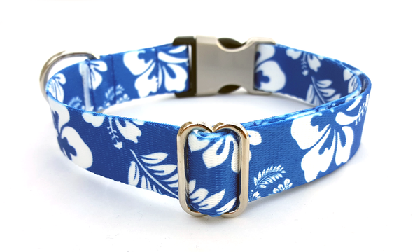 The Hawaiian Polyester Webbing Dog Collar with Laser Engraved Personalized Buckle - ROYAL BLUE - Flying Dog Collars