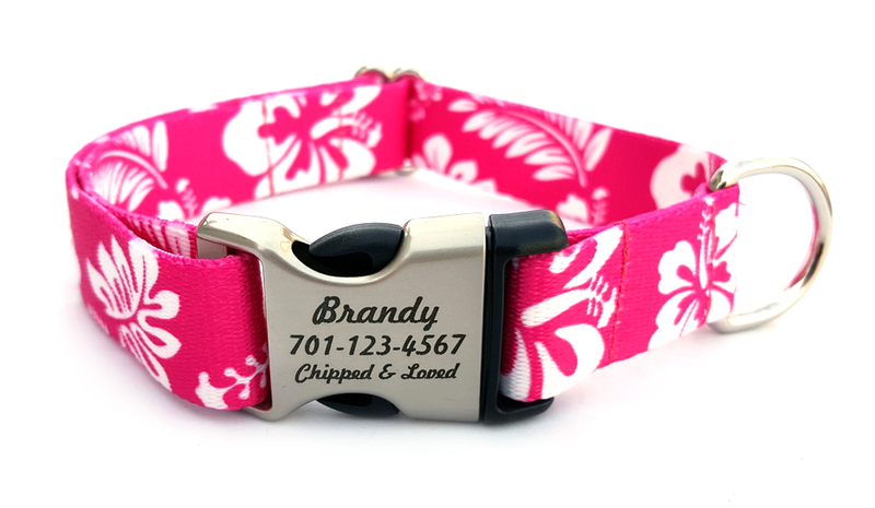 The Hawaiian Polyester Webbing Dog Collar with Laser Engraved Personalized Buckle - PINK - Flying Dog Collars