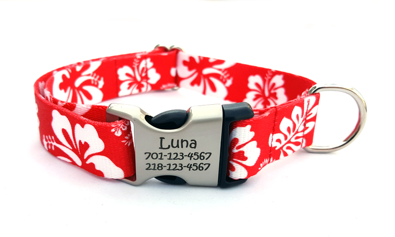 The Hawaiian Polyester Webbing Dog Collar with Laser Engraved Personalized Buckle - RED - Flying Dog Collars