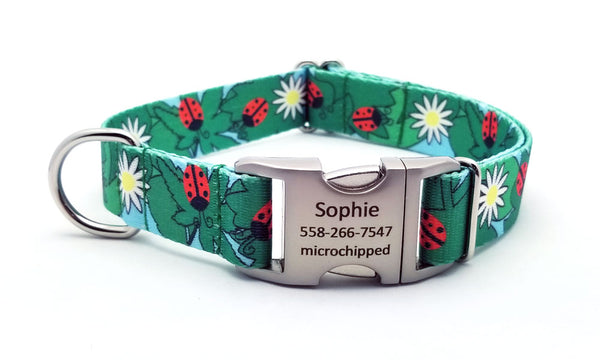 Ladybugs & Daisies Polyester Webbing Dog Collar with Laser Engraved Personalized Buckle - Flying Dog Collars