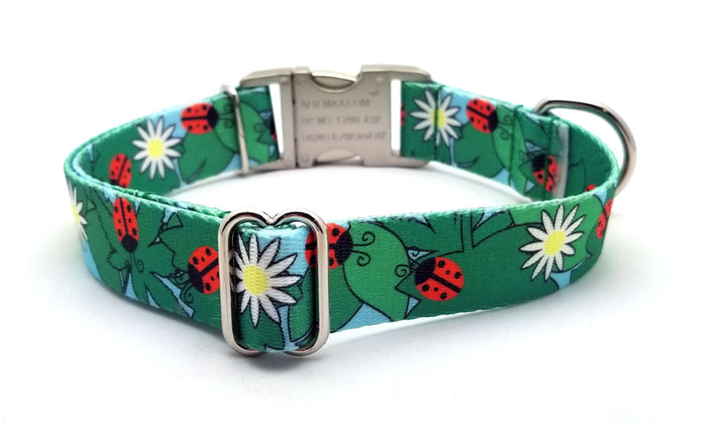 Ladybugs & Daisies Polyester Webbing Dog Collar with Laser Engraved Personalized Buckle - Flying Dog Collars