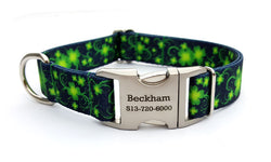 Lucky Clovers Polyester Webbing Dog Collar with Laser Engraved Personalized Buckle - Flying Dog Collars
