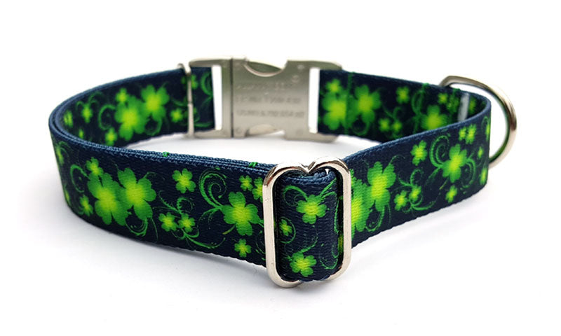 Lucky Clovers Polyester Webbing Dog Collar with Laser Engraved Personalized Buckle - Flying Dog Collars