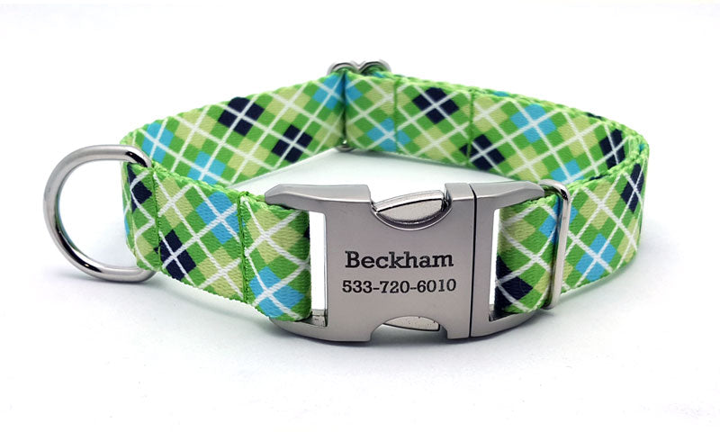 Margarita Argyle Polyester Webbing Dog Collar with Laser Engraved Personalized Buckle - Flying Dog Collars