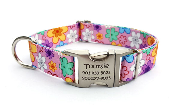 May Flowers Polyester Webbing Dog Collar with Laser Engraved Personalized Buckle - Flying Dog Collars