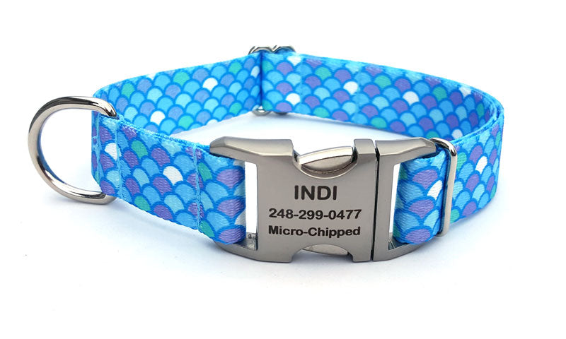Mermaid Scales Polyester Webbing Dog Collar with Laser Engraved Personalized Buckle - Flying Dog Collars