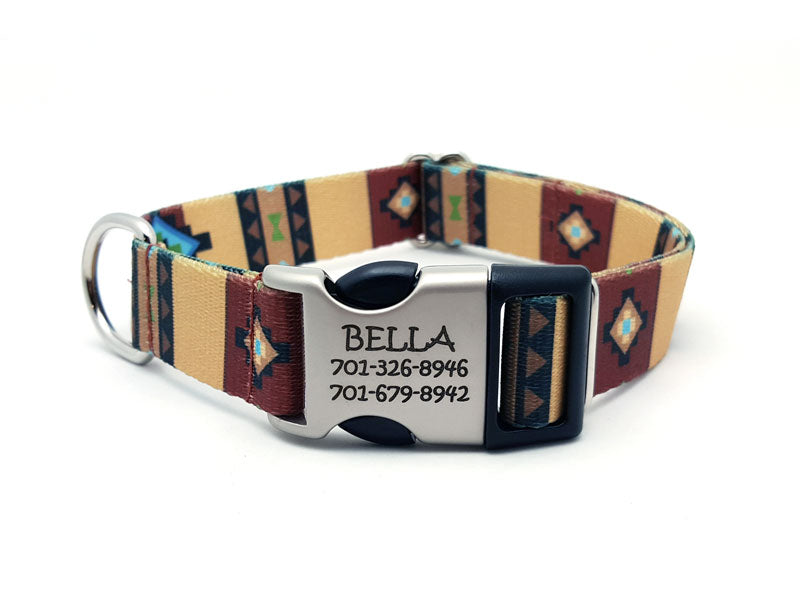 Native Southwestern Polyester Webbing Dog Collar with Laser Engraved Personalized Buckle - Flying Dog Collars