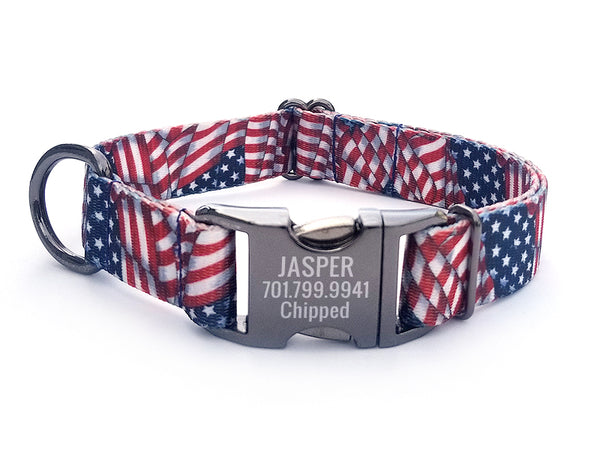 Patriotic Tribute Polyester Webbing Dog Collar with Laser Engraved Personalized Buckle - Flying Dog Collars
