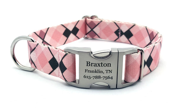 Pink Argyle Polyester Webbing Dog Collar with Laser Engraved Personalized Buckle - Flying Dog Collars