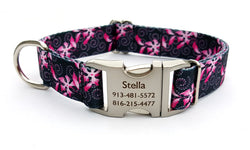 Pink Honeysuckles Polyester Webbing Dog Collar with Laser Engraved Personalized Buckle - Flying Dog Collars