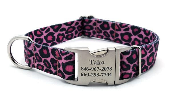 Pink Leopard Polyester Webbing Dog Collar with Laser Engraved Personalized Buckle - Flying Dog Collars