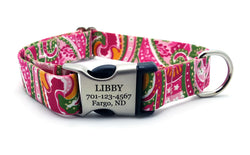 Pink Paisley Polyester Webbing Dog Collar with Laser Engraved Personalized Buckle - Flying Dog Collars