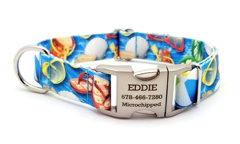 Pool Party Polyester Webbing Dog Collar with Laser Engraved Personalized Buckle - Flying Dog Collars