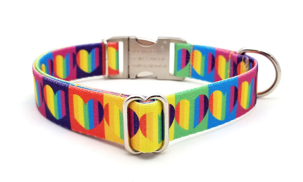 Rainbow Hearts Polyester Webbing Dog Collar with Laser Engraved Personalized Buckle - Flying Dog Collars