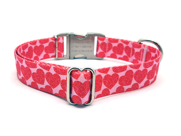 Scrolling Hearts Polyester Webbing Dog Collar with Laser Engraved Personalized Buckle - Flying Dog Collars