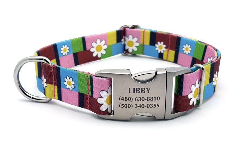 Spring Daisies Polyester Webbing Dog Collar with Laser Engraved Personalized Buckle - Flying Dog Collars