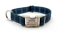 Spring Plaid Polyester Webbing Dog Collar with Laser Engraved Personalized Buckle - DENIM - Flying Dog Collars